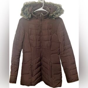 Bar III Brown Puffer Jacket with Faux Fur Trim